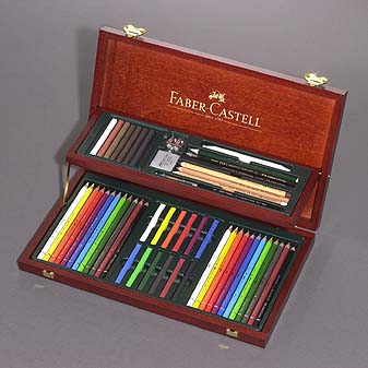 Künstlerfarbstifte, Aquarellstifte und Ölkreiden im Faber-Castell Art & Graphic Basisausstattung für Kreative. 3 x 12 Farben im Holzkoffer.