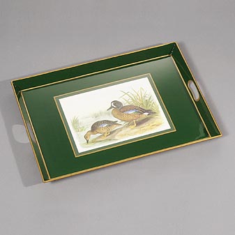 Metalltablett Enten Ein Paar Blauflügelenten am Ufer. Handarbeit aus der Normandie.