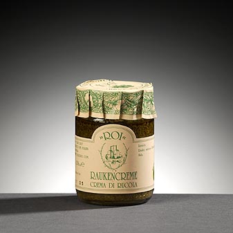 ROI Raukencreme Frische Rauke pur, fein zerstoßen, mit Olivenöl und etwas Salz.