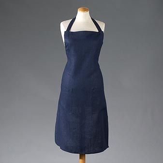 Leinenschürze dunkelblau Länge am Hals verstellbar.