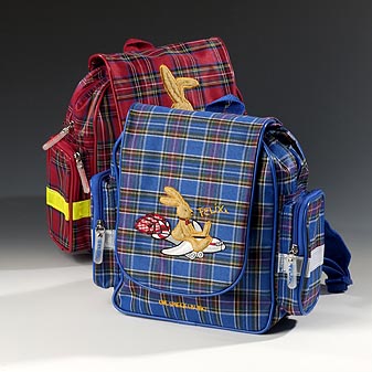 Felix Rucksack Spiegelburg Aus robustem, Wasser abweisenden Karogewebe mit Reflexstreifen.